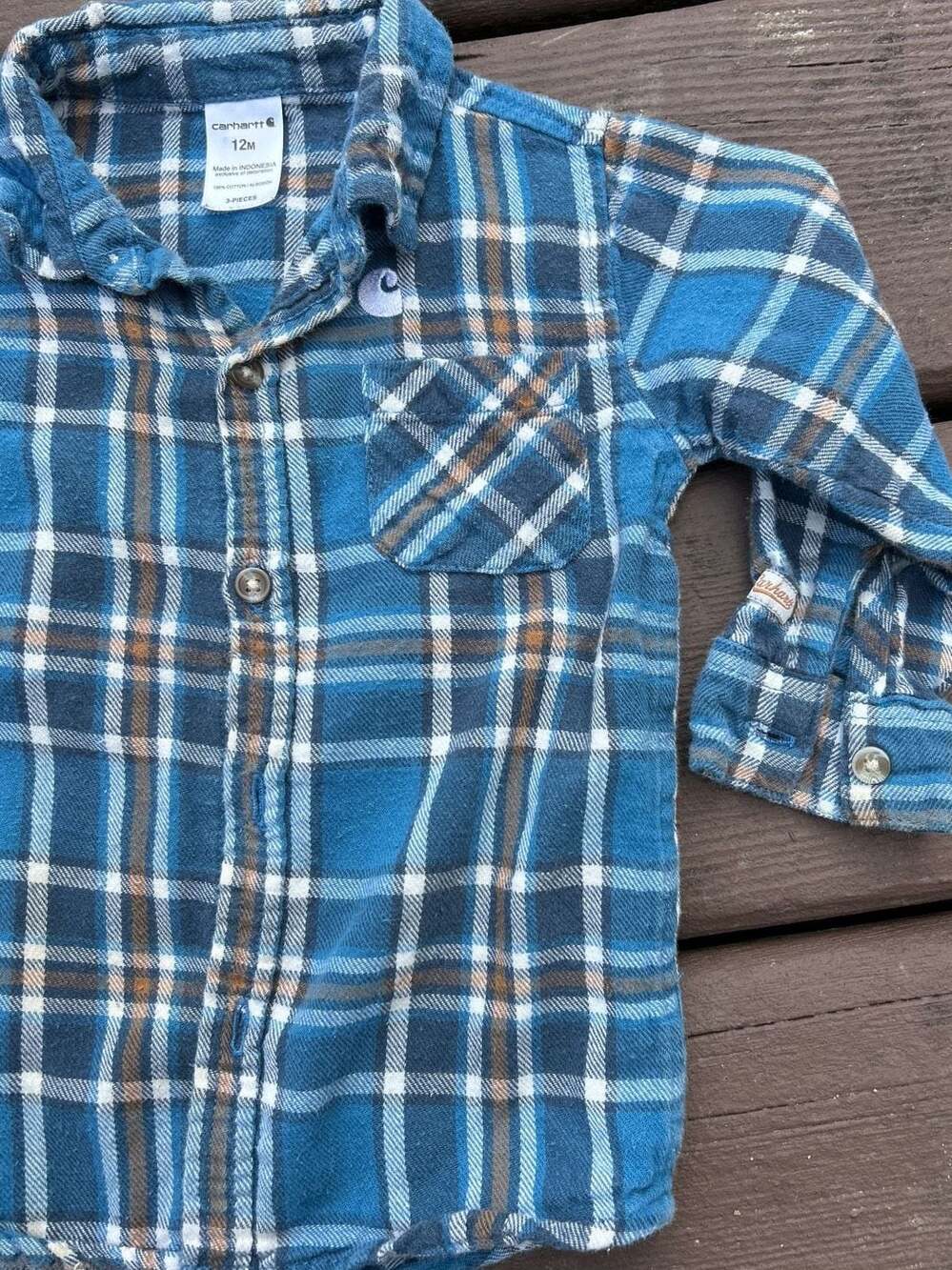 Carhartt Baby Boy's 12M Blue Plaid Cotton Flannel Long Sleeve Shirt - Picture 3 of 6